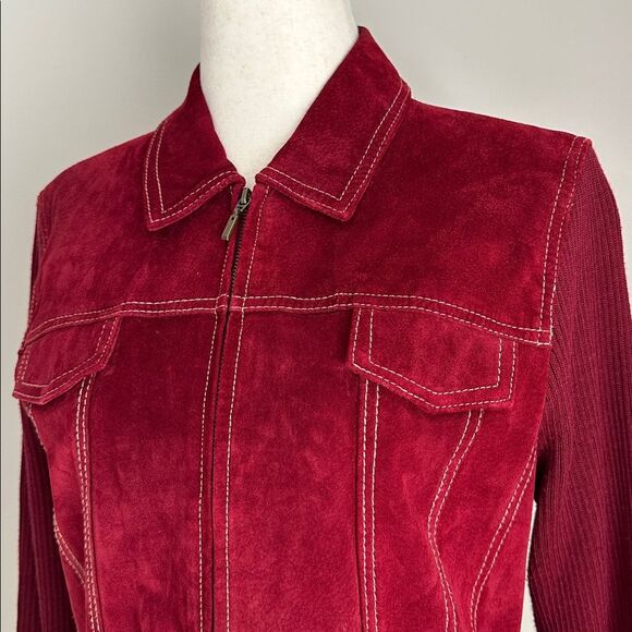 Coldwater Creek Red Leather & Knit Jacket Women’s 14 Zip Front Suede Wool Blend - Picture 3 of 15